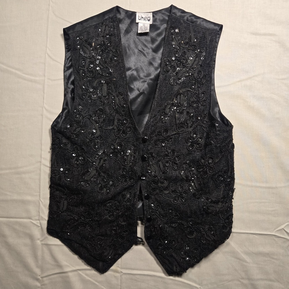VTG Theo Sequin Flower Button Vest Medium Rayon Floral Festival 90s Boho Beaded